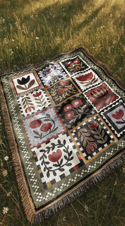 Country Botanical Woven Blanket | Folk Motif Tapestry Throw Blanket | Cottagecore Vintage Farmhouse Home Decor