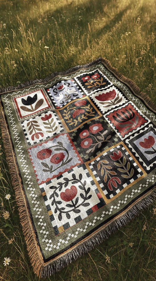 Country Botanical Woven Blanket | Folk Motif Tapestry Throw Blanket | Cottagecore Vintage Farmhouse Home Decor