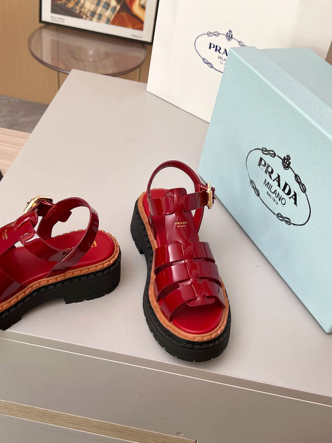 Prada Monolith Red Patent Leather Fisherman Platform Sandals