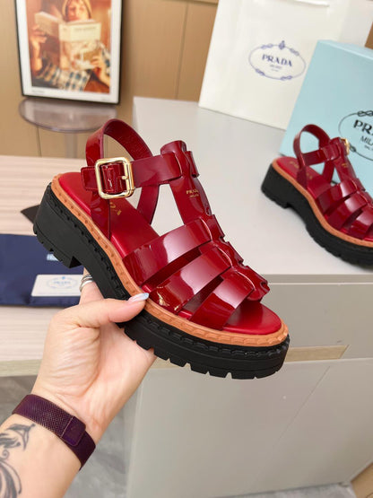 Prada Monolith Red Patent Leather Fisherman Platform Sandals