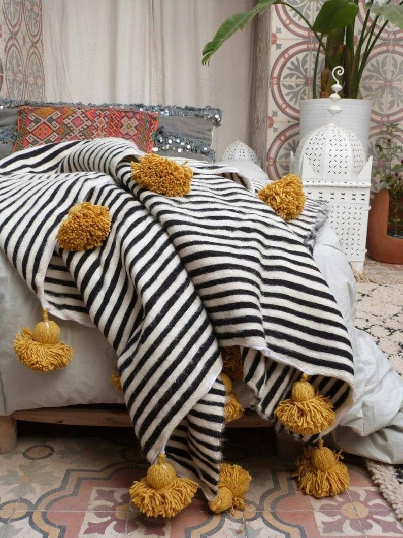 Wool Moroccan Blanket,bedroom blanket,moroccan pompom blanket,moroccan throw blanket,bed spread, woven blanket, bed throw with tassel