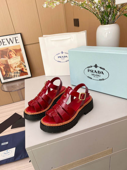 Prada Monolith Red Patent Leather Fisherman Platform Sandals