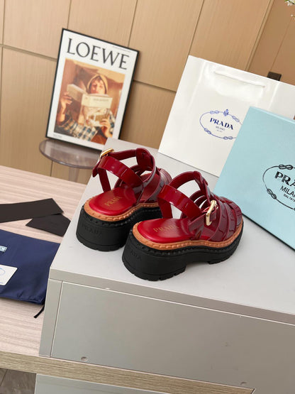 Prada Monolith Red Patent Leather Fisherman Platform Sandals