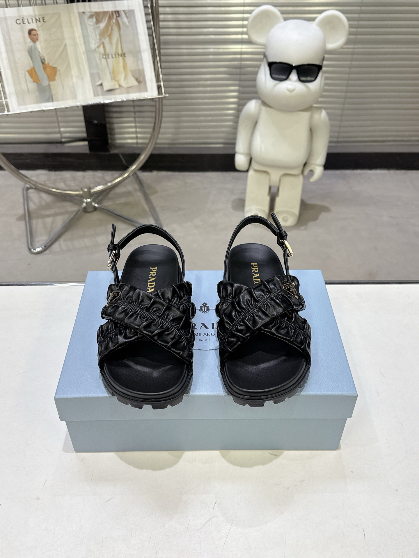 Women Black Ruched Cross Strap Platform Sandals Triangle Gold Logo Adjustable Ankle Buckle Casual Shoes