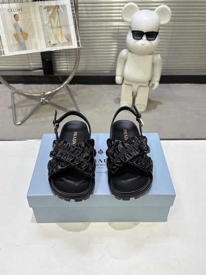 Women Black Ruched Cross Strap Platform Sandals Triangle Gold Logo Adjustable Ankle Buckle Casual Shoes