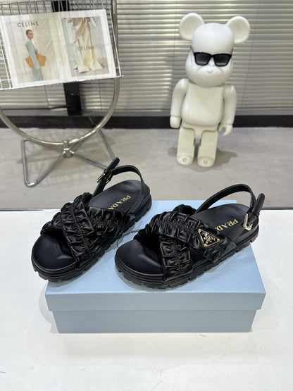 Women Black Ruched Cross Strap Platform Sandals Triangle Gold Logo Adjustable Ankle Buckle Casual Shoes