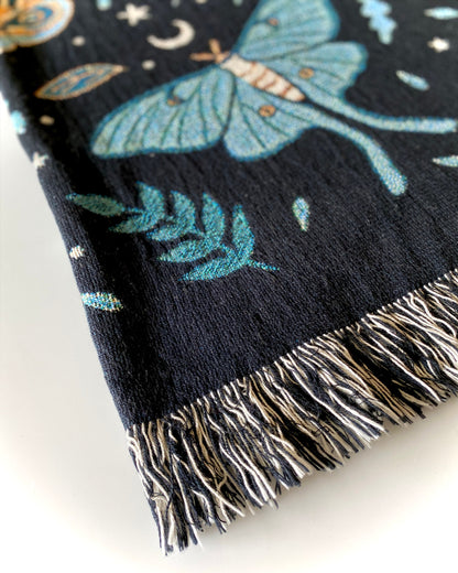 Luna Moth Blanket: 100% Cotton Jacquard Woven Throw