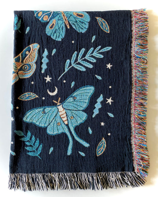 Luna Moth Blanket: 100% Cotton Jacquard Woven Throw