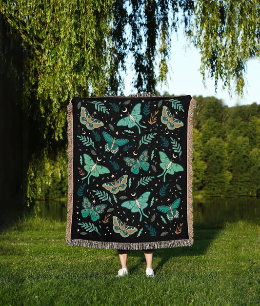 Luna Moth Blanket: 100% Cotton Jacquard Woven Throw