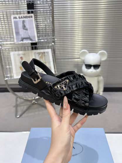 Women Black Ruched Cross Strap Platform Sandals Triangle Gold Logo Adjustable Ankle Buckle Casual Shoes