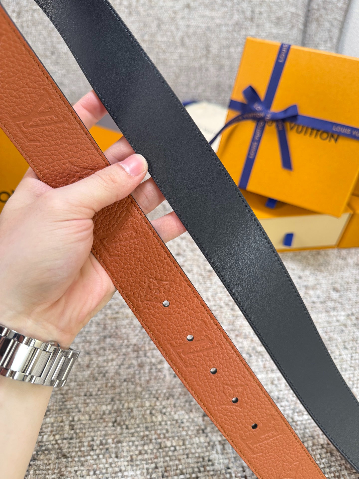 Cognac Brown Embossed Grain Leather Men Belt Gold Hollow Logo Buckle Formal Dress Belt