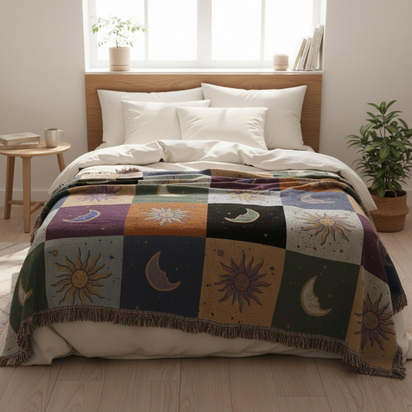 Boho Sun and Moon Woven Blanket - Celestial Checkerboard Throw Blanket, Vintage Astrology-Inspired Tapestry, Cozy Bohemian Home Decor Gift