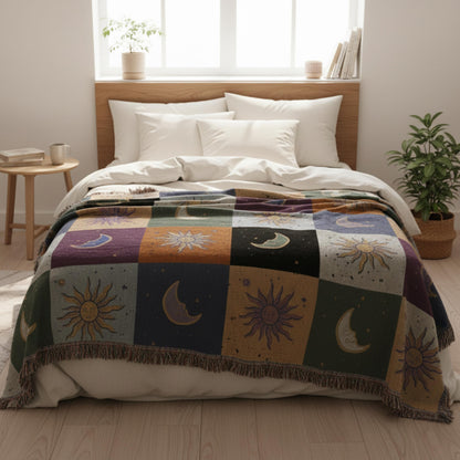 Boho Sun and Moon Woven Blanket - Celestial Checkerboard Throw Blanket, Vintage Astrology-Inspired Tapestry, Cozy Bohemian Home Decor Gift