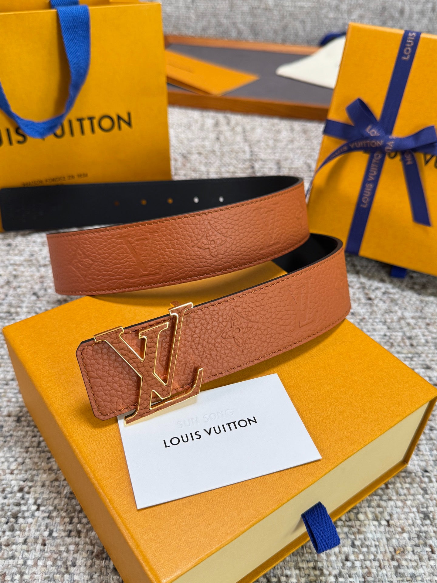 Cognac Brown Embossed Grain Leather Men Belt Gold Hollow Logo Buckle Formal Dress Belt