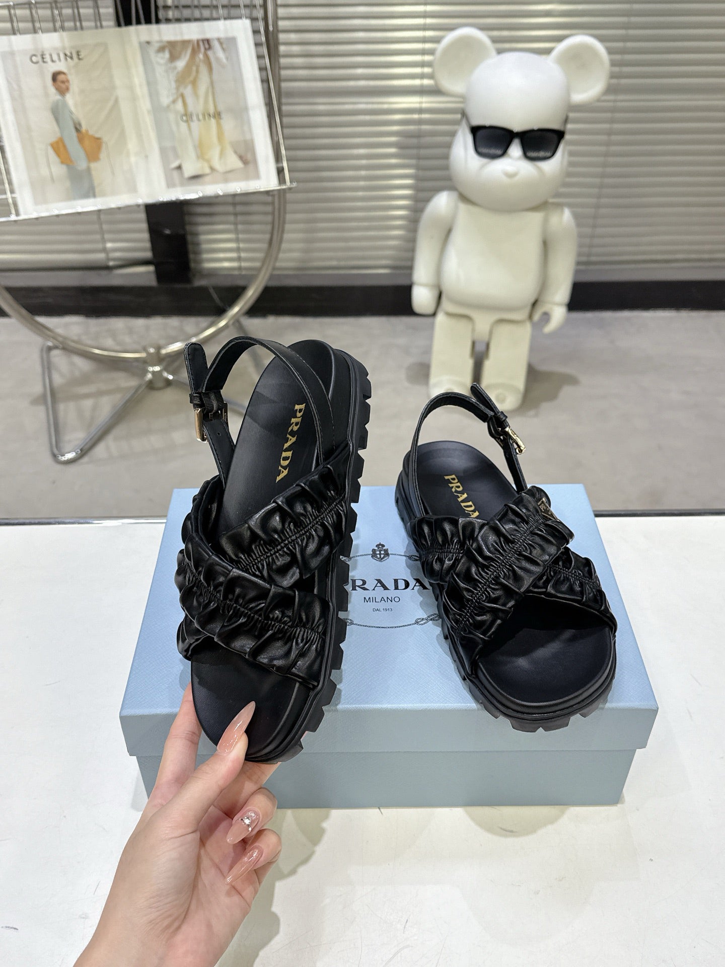 Women Black Ruched Cross Strap Platform Sandals Triangle Gold Logo Adjustable Ankle Buckle Casual Shoes