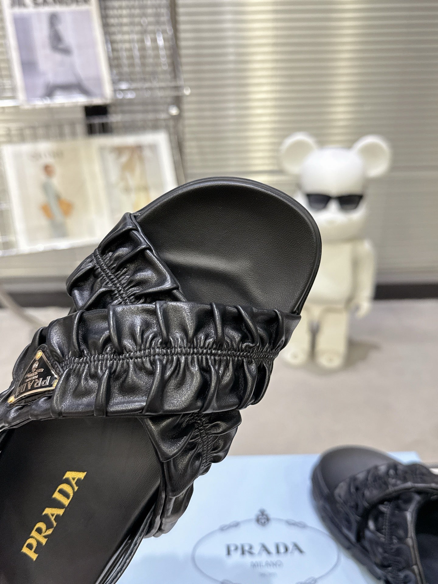 Women Black Ruched Cross Strap Platform Sandals Triangle Gold Logo Adjustable Ankle Buckle Casual Shoes