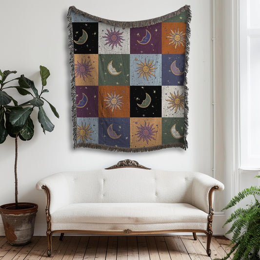 Boho Sun and Moon Woven Blanket - Celestial Checkerboard Throw Blanket, Vintage Astrology-Inspired Tapestry, Cozy Bohemian Home Decor Gift