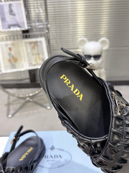 Women Black Ruched Cross Strap Platform Sandals Triangle Gold Logo Adjustable Ankle Buckle Casual Shoes