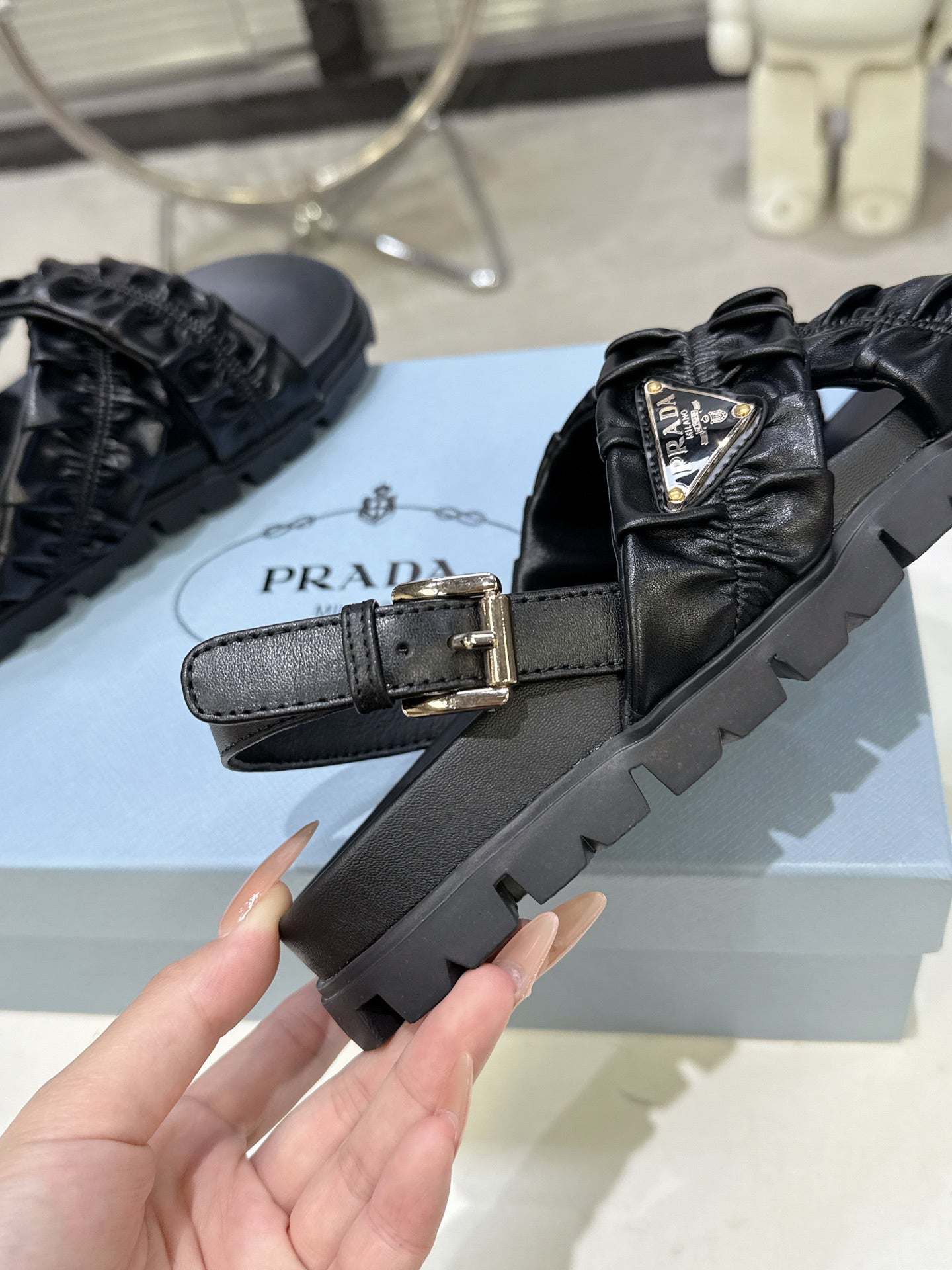 Women Black Ruched Cross Strap Platform Sandals Triangle Gold Logo Adjustable Ankle Buckle Casual Shoes