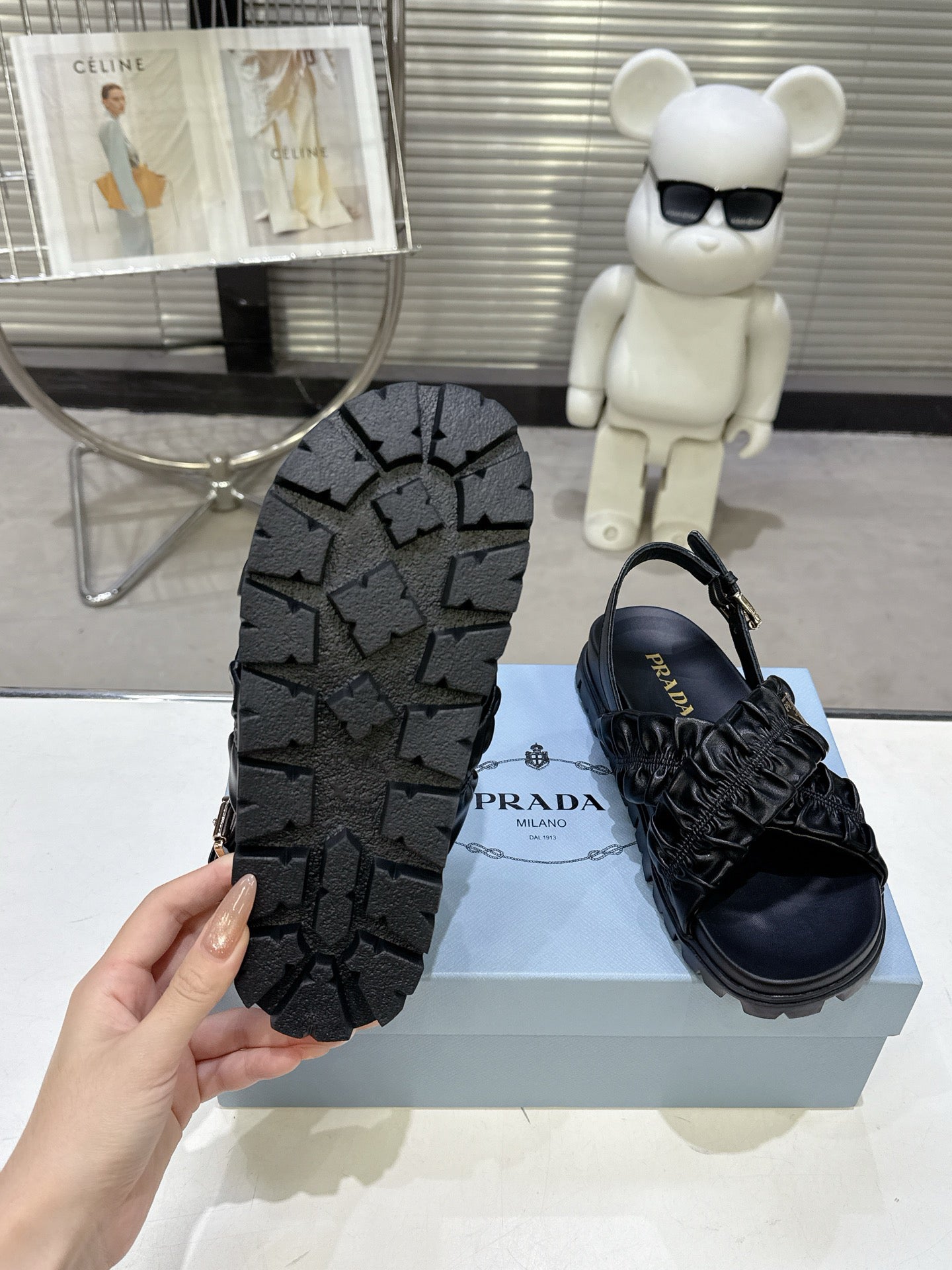 Women Black Ruched Cross Strap Platform Sandals Triangle Gold Logo Adjustable Ankle Buckle Casual Shoes