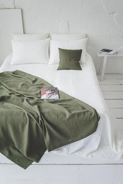 Natural Linen Throw Blanket, Handmade Cozy Linen Blanket, Forest Green Sofa Cover, Heavyweight Linen Bed Throw, Natural Linen Home Decor.