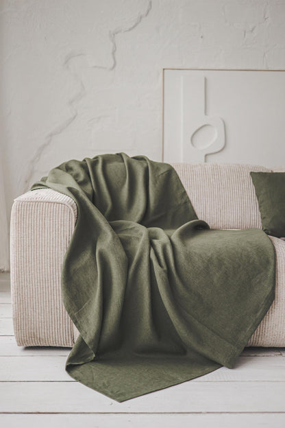 Natural Linen Throw Blanket, Handmade Cozy Linen Blanket, Forest Green Sofa Cover, Heavyweight Linen Bed Throw, Natural Linen Home Decor.