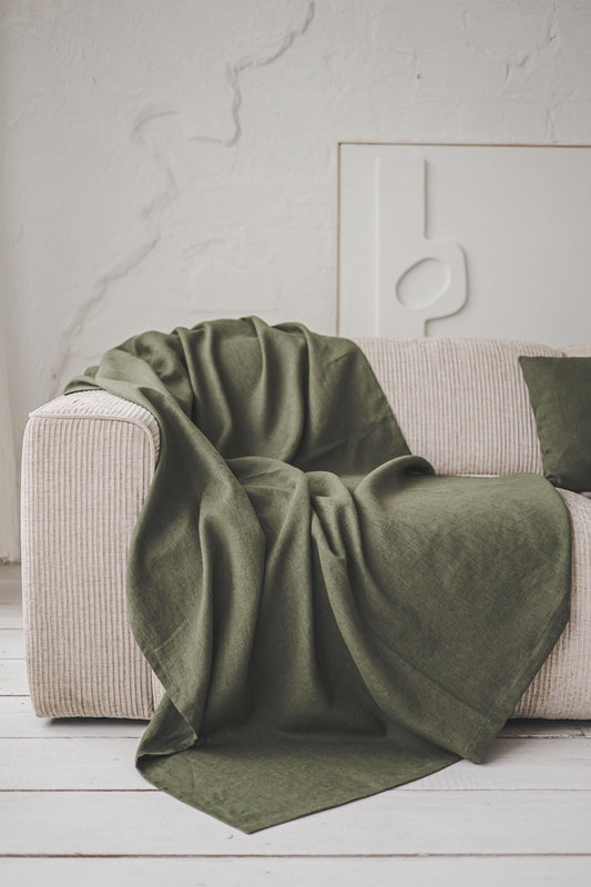 Natural Linen Throw Blanket, Handmade Cozy Linen Blanket, Forest Green Sofa Cover, Heavyweight Linen Bed Throw, Natural Linen Home Decor.