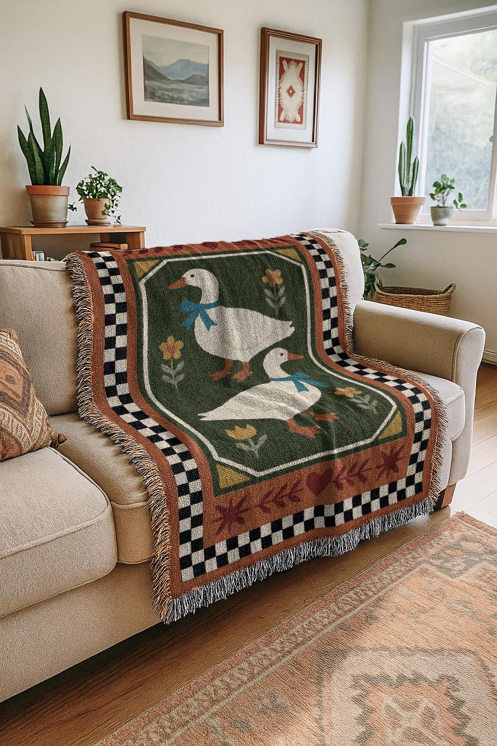 Retro Country Duck Blanket | Folk Farmhouse Tapestry Throw Blanket | Rustic Boho Preppy Vintage Woven Blanket