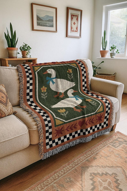 Retro Country Duck Blanket | Folk Farmhouse Tapestry Throw Blanket | Rustic Boho Preppy Vintage Woven Blanket
