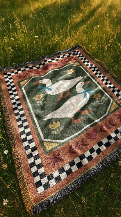 Retro Country Duck Blanket | Folk Farmhouse Tapestry Throw Blanket | Rustic Boho Preppy Vintage Woven Blanket
