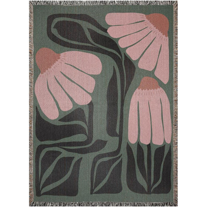 Green And Pink Matisse Flowers Woven Cotton Throw Blankets
