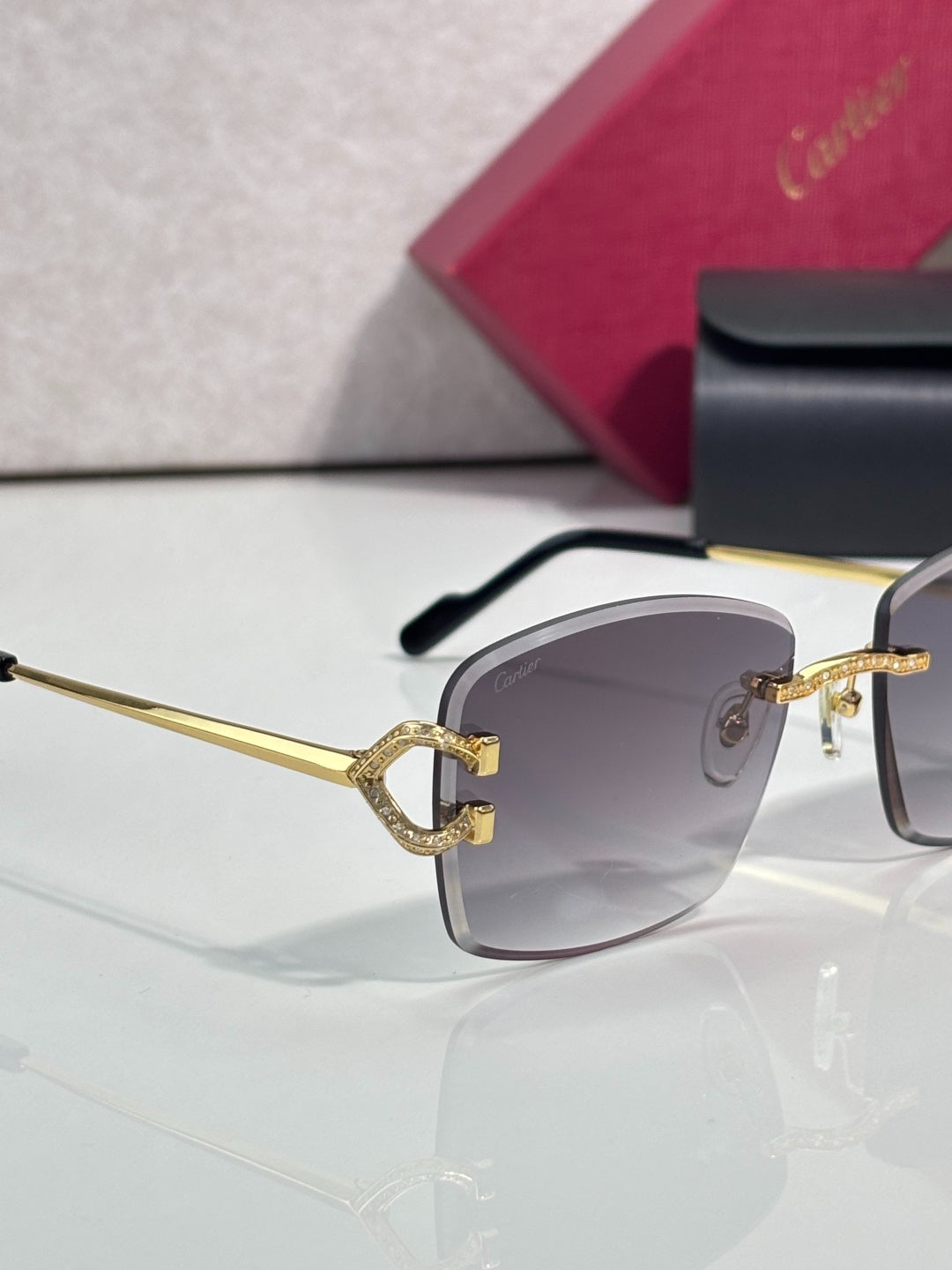 Cartier Gold-Tone Rimless Sunglasses with Gradient Gray Lenses & C-Logo Temples