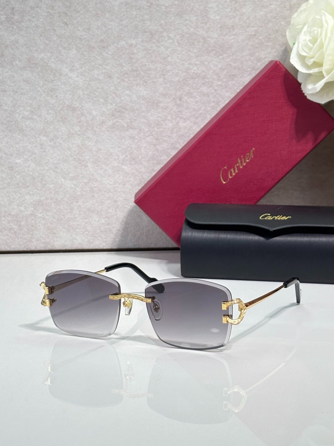 Cartier Gold-Tone Rimless Sunglasses with Gradient Gray Lenses & C-Logo Temples