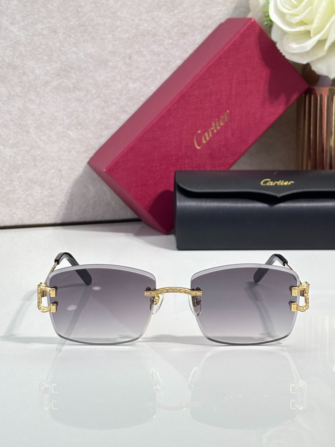 Cartier Gold-Tone Rimless Sunglasses with Gradient Gray Lenses & C-Logo Temples