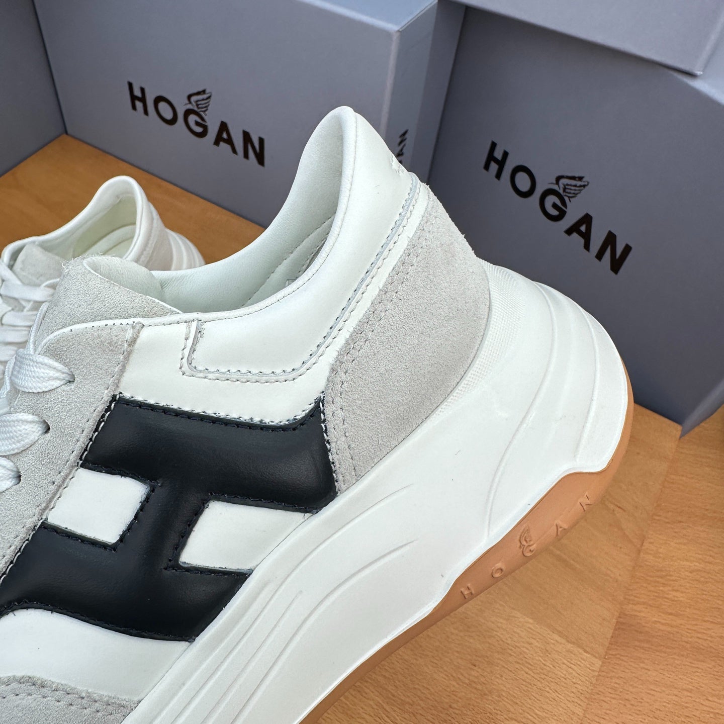 HOGAN Women White Grey Suede Black H Logo Genuine Leather Platform Sneakers Chunky Thick Sole Height Increasing Casual Shoes