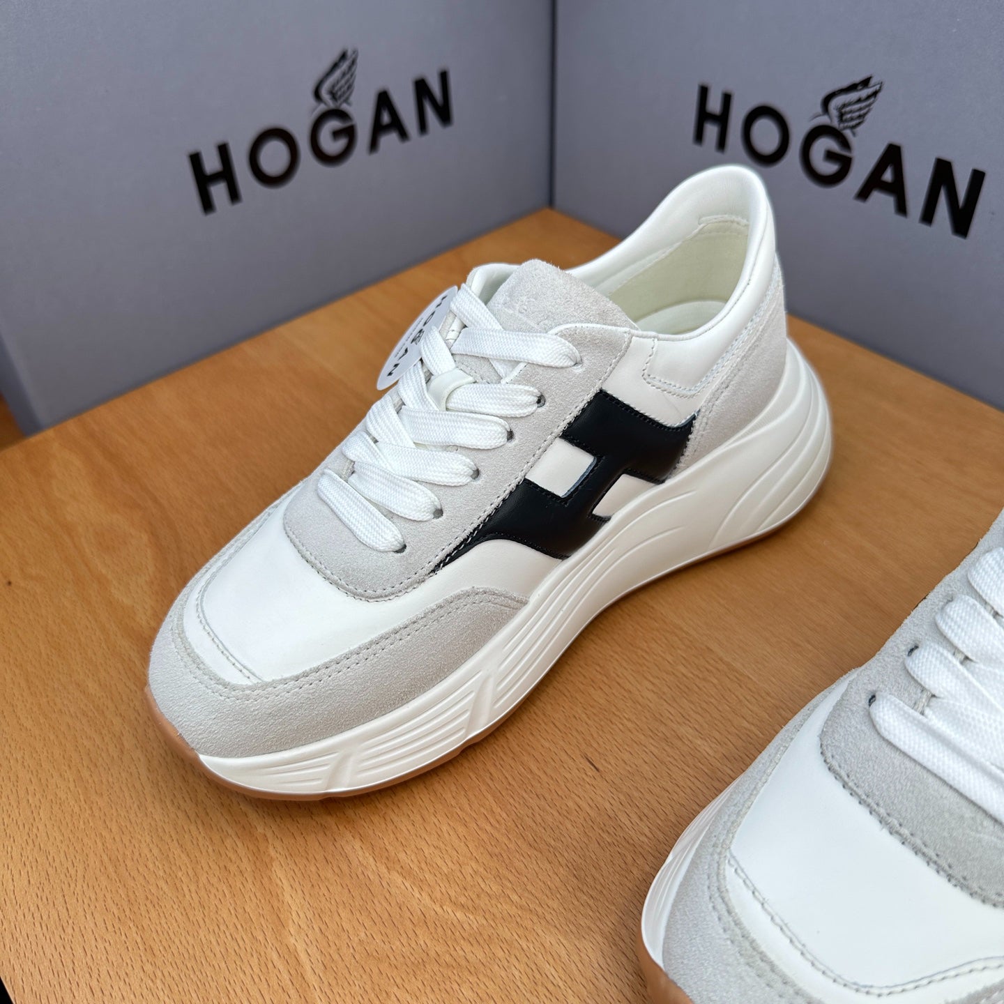 HOGAN Women White Grey Suede Black H Logo Genuine Leather Platform Sneakers Chunky Thick Sole Height Increasing Casual Shoes