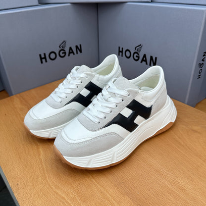 HOGAN Women White Grey Suede Black H Logo Genuine Leather Platform Sneakers Chunky Thick Sole Height Increasing Casual Shoes