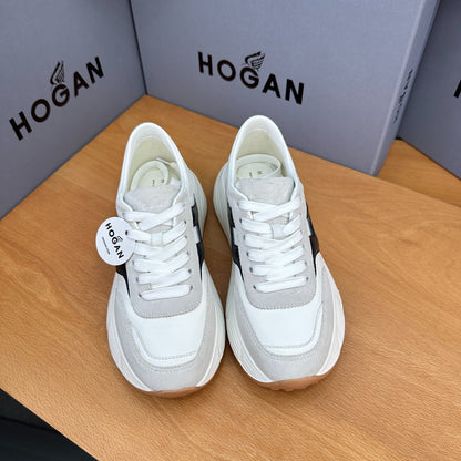 HOGAN Women White Grey Suede Black H Logo Genuine Leather Platform Sneakers Chunky Thick Sole Height Increasing Casual Shoes