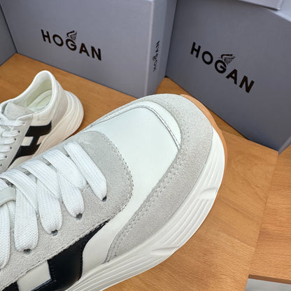 HOGAN Women White Grey Suede Black H Logo Genuine Leather Platform Sneakers Chunky Thick Sole Height Increasing Casual Shoes