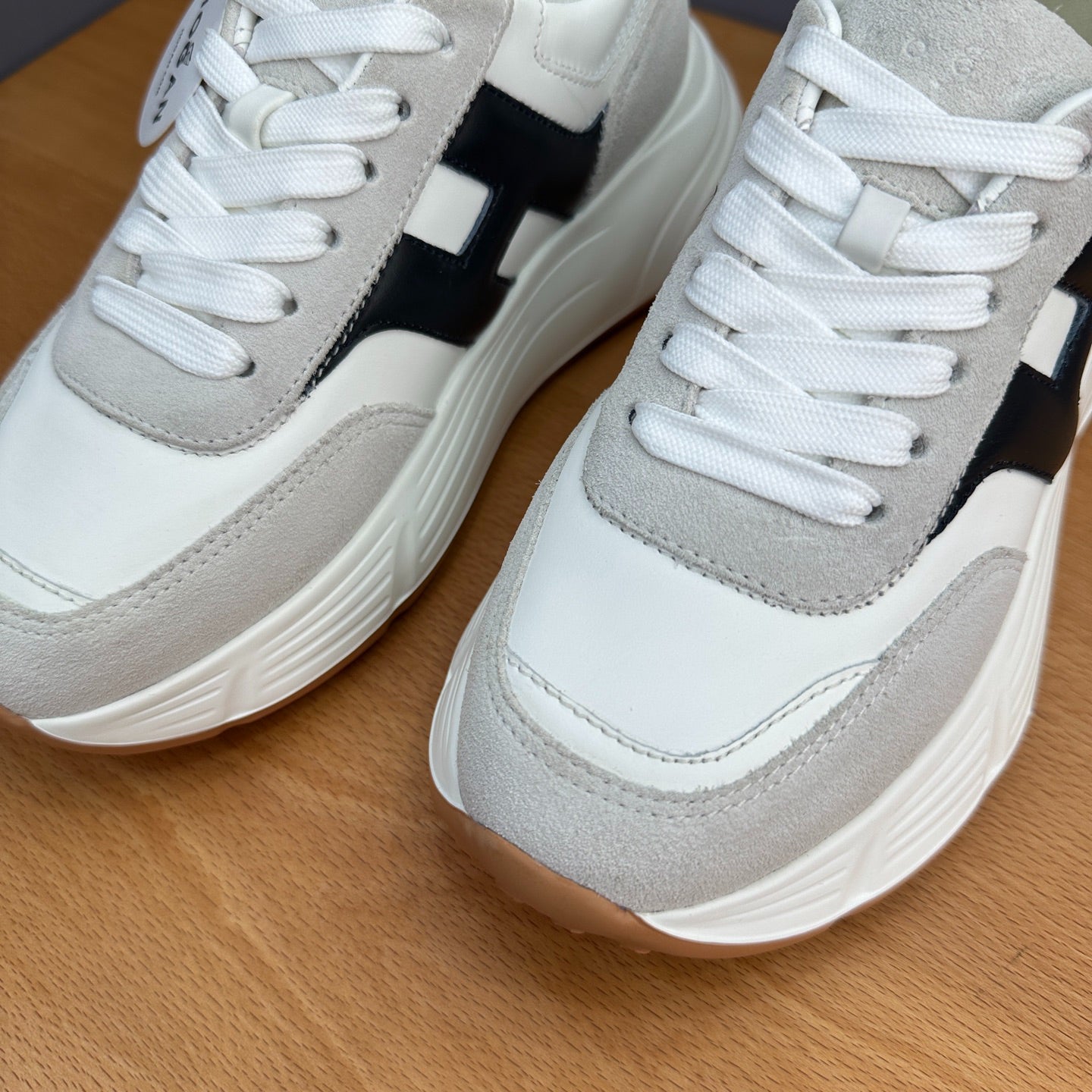 HOGAN Women White Grey Suede Black H Logo Genuine Leather Platform Sneakers Chunky Thick Sole Height Increasing Casual Shoes
