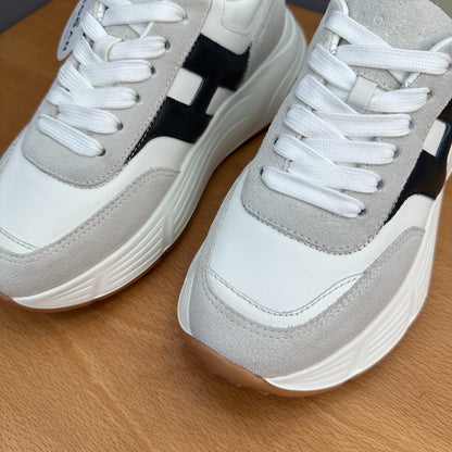 HOGAN Women White Grey Suede Black H Logo Genuine Leather Platform Sneakers Chunky Thick Sole Height Increasing Casual Shoes