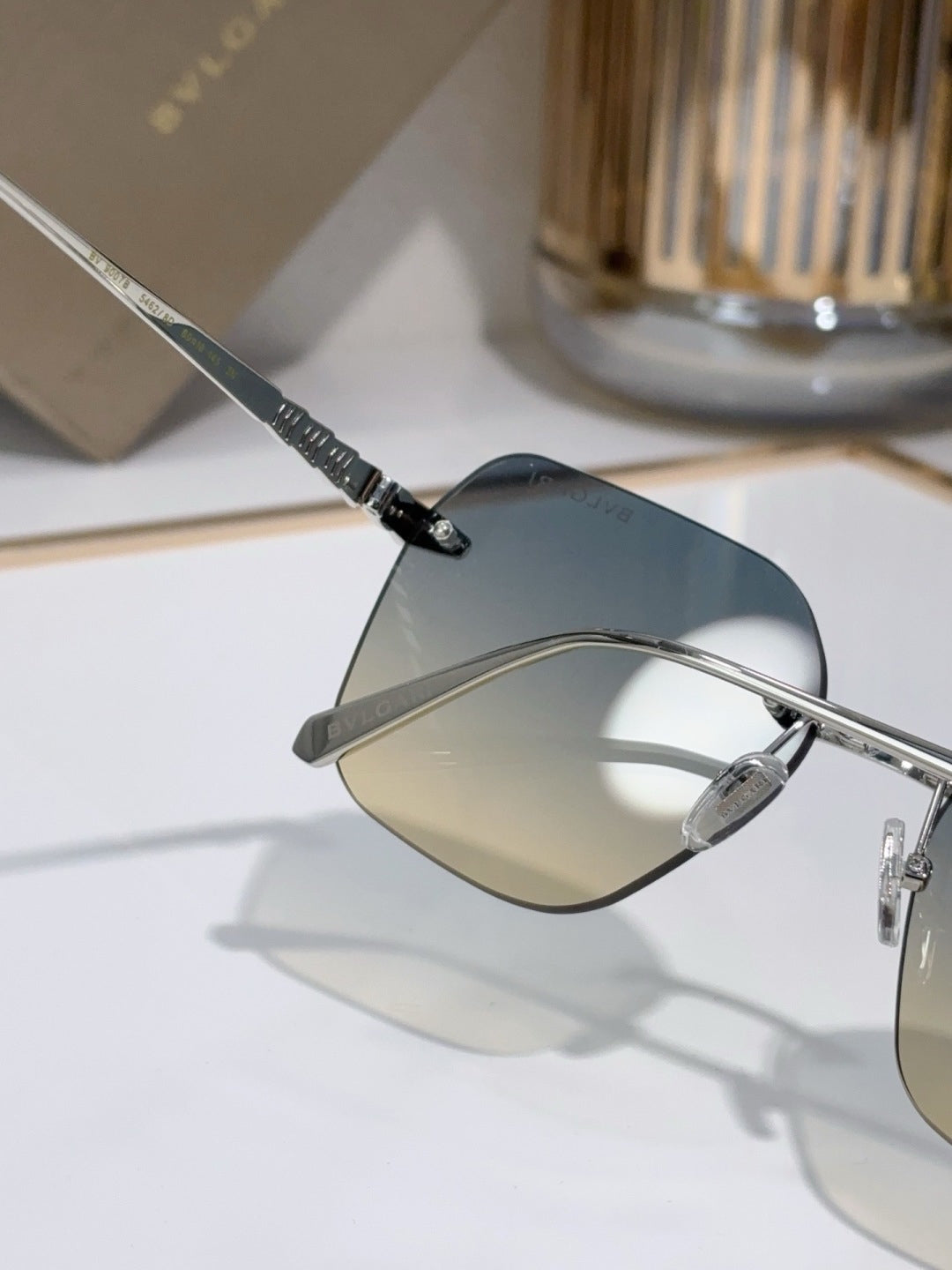 BVLGARI Silver-Tone Rimless Sunglasses with Blue-Yellow Gradient Lenses & Serpenti-Inspired Temples