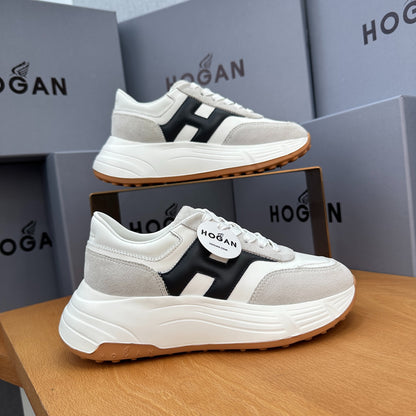 HOGAN Women White Grey Suede Black H Logo Genuine Leather Platform Sneakers Chunky Thick Sole Height Increasing Casual Shoes