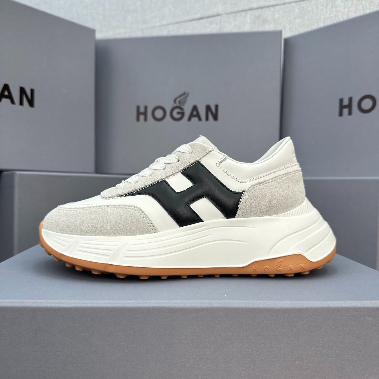 HOGAN Women White Grey Suede Black H Logo Genuine Leather Platform Sneakers Chunky Thick Sole Height Increasing Casual Shoes