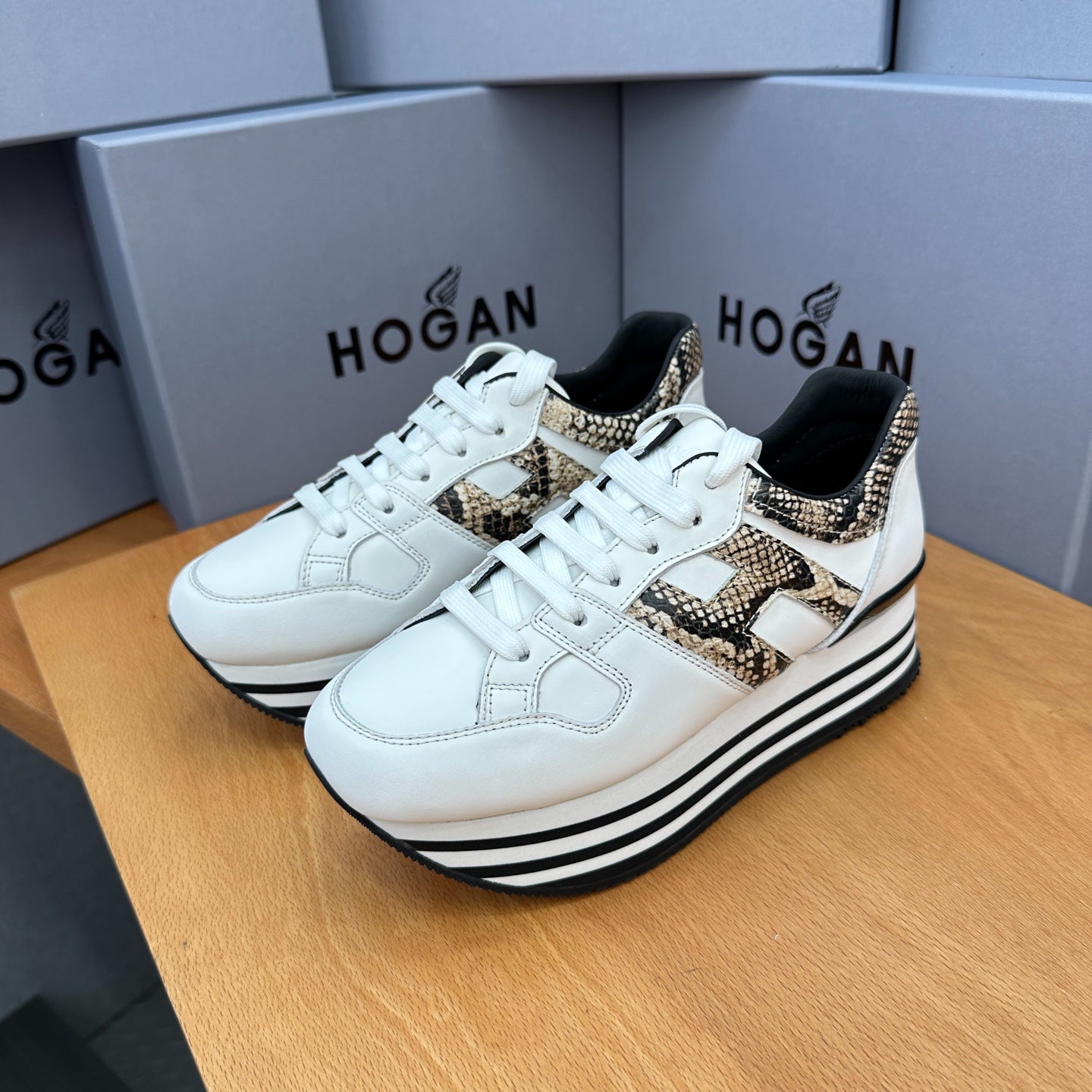 HOGAN White Snake Print Black Striped Stack Wedge Platform Sneakers