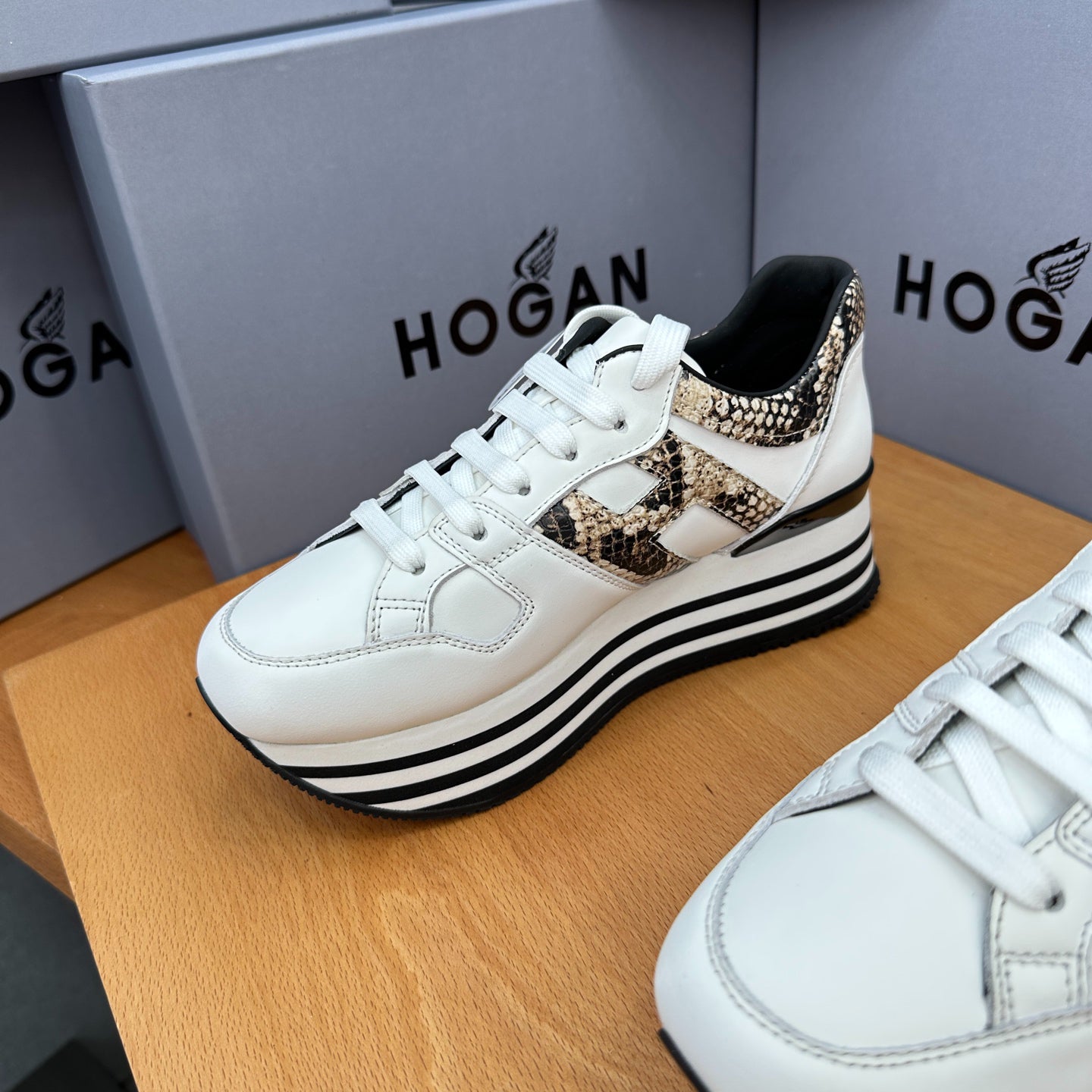 HOGAN White Snake Print Black Striped Stack Wedge Platform Sneakers