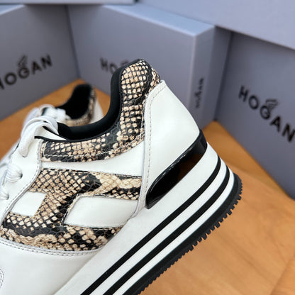 HOGAN White Snake Print Black Striped Stack Wedge Platform Sneakers