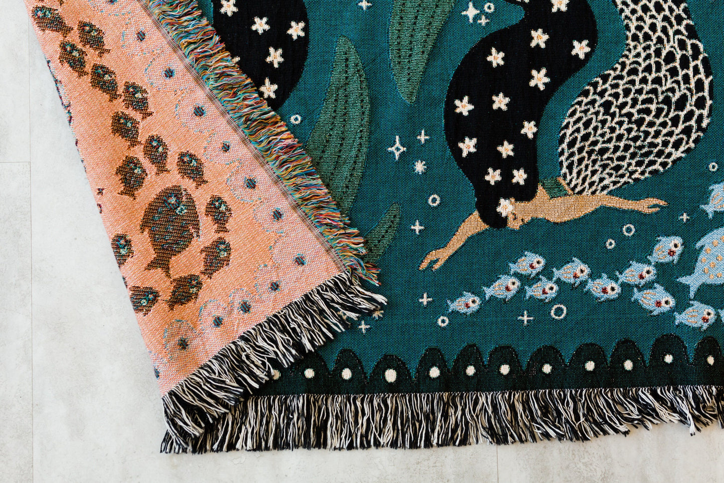 Mermaids Throw Blanket: Personalized Gift for Girl Boy Teen, Baby Shower, Woven Colourful Teal, Maximalist Ocean Animal Bedding Kawaii