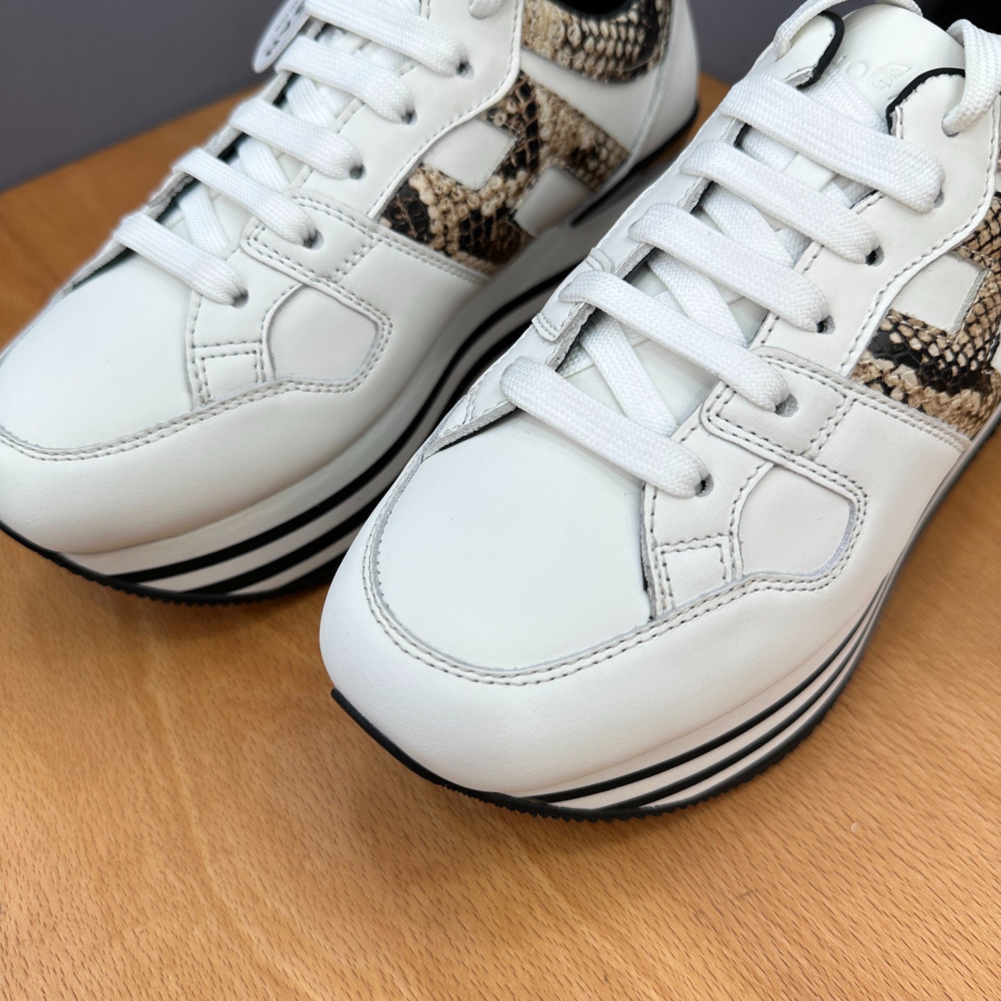 HOGAN White Snake Print Black Striped Stack Wedge Platform Sneakers