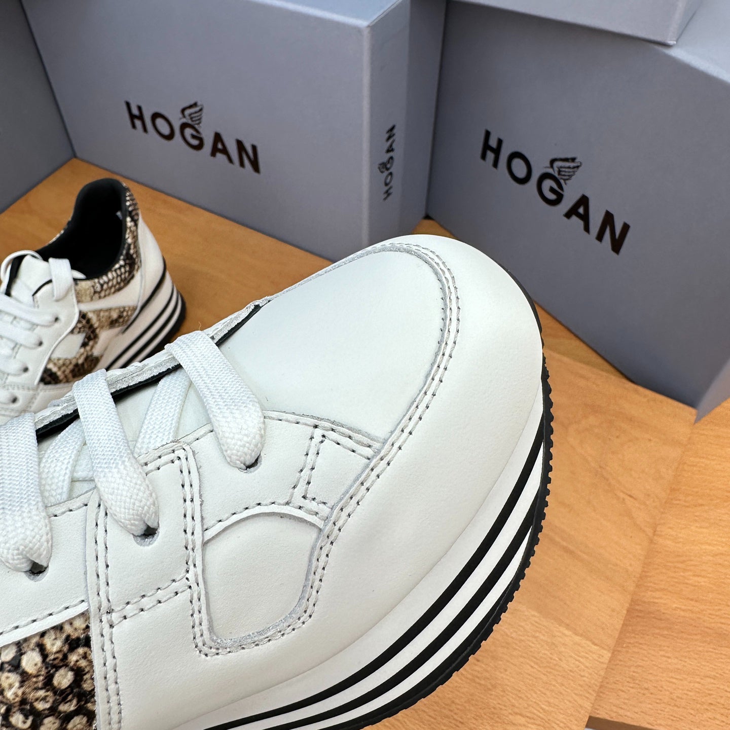 HOGAN White Snake Print Black Striped Stack Wedge Platform Sneakers